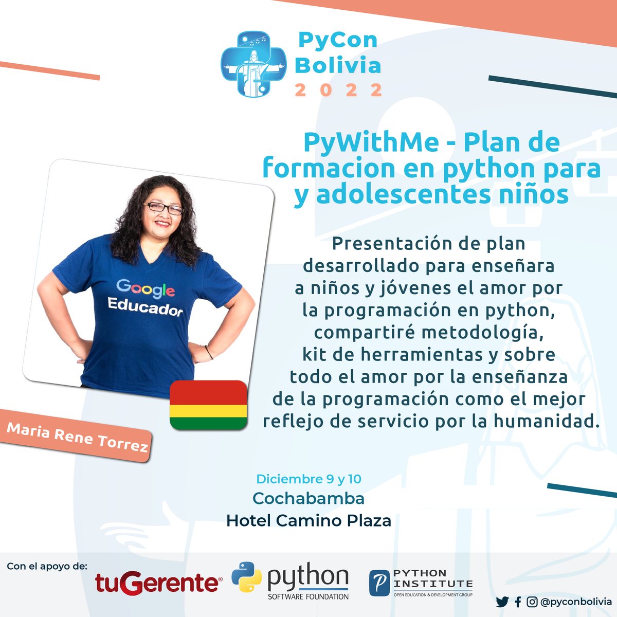 🥳 ¡Les presentamos a nuestra speaker Maria Rene Torrez! 🥳💪
🔵Maria Rene nos hablara de "PyWithMe - Plan de formacion en python para niños y adolescentes"
Aun no compraste tu entrada?
🟡 Compra tus entradas aqui: bit.ly/PyConPaquetes
#Python #PyCon #Bolivia #pyconbo #python
