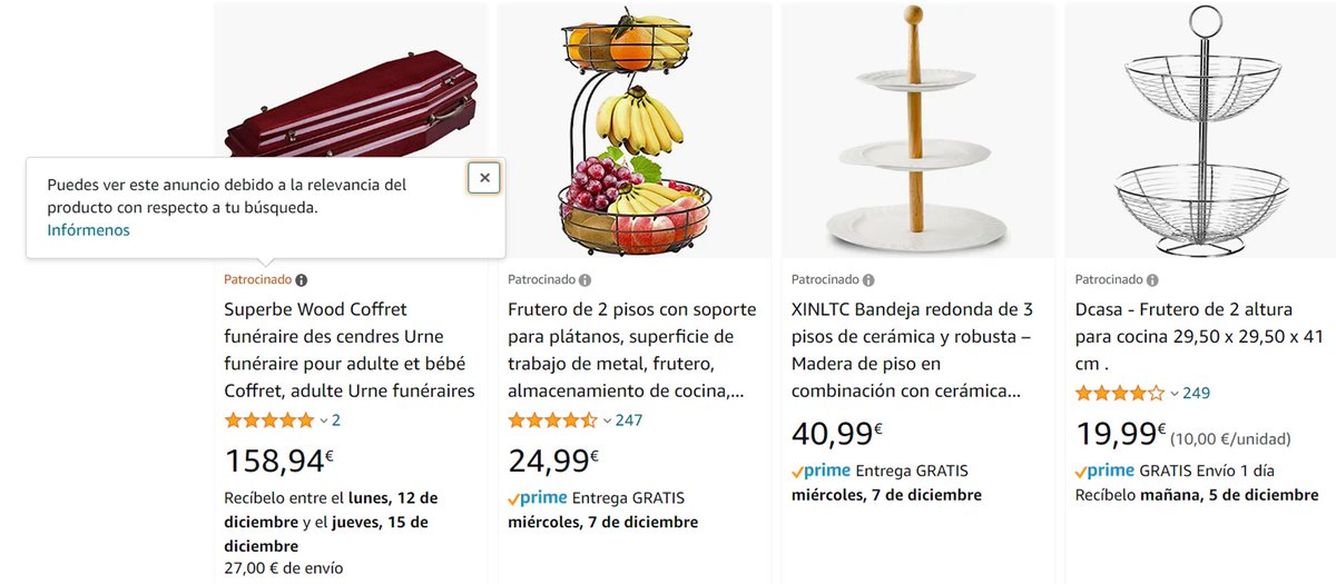 Me preocupa que buscando fruteros en #Amazon su algoritmo piense que mostrarme cofres fúnebres sea relevante para mi.