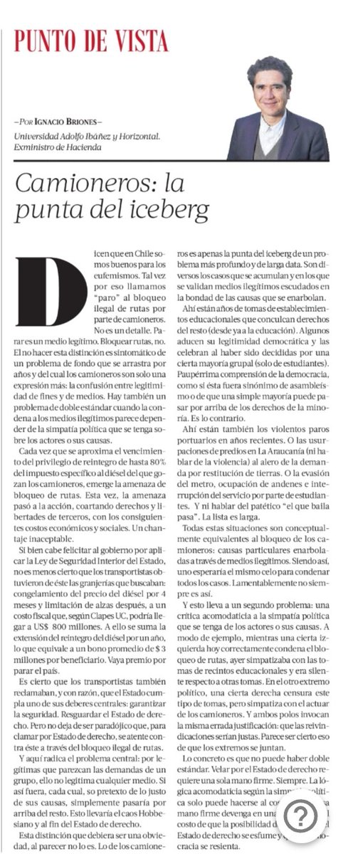 ignaciobriones_'s tweet image. Lo de los camioneros es solo la punta del iceberg de un problema más extenso: reivindicar causas particulares con medios ilegitimos como tomas de todo tipo. No cabe doble estándar de condenar medios dependiendo de la simpatía política que las causas despierten. Comparto columna.