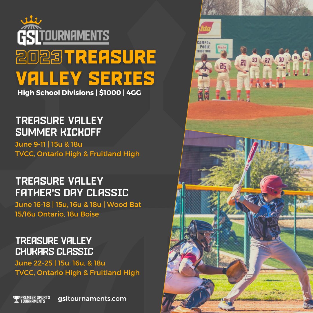 Premier Sports Tournaments (@premier_tourney) on Twitter photo Take a trip the Ontario, OR for <a href="/GSLtournaments/">GSL Tournaments</a> Treasure Valley HS Series.
View all the details and register today bit.ly/3ETVuNb Take a trip the Ontario, OR for <a href="/GSLtournaments/">GSL Tournaments</a> Treasure Valley HS Series.
View all the details and register today bit.ly/3ETVuNb