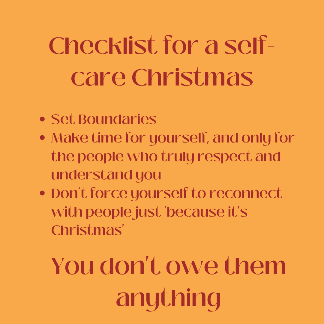 A reminder that it's okay and necessary to put your wellbeing first during the festive period. This time can be challenging for survivors. You deserve to feel happy and safe. #SelfCareChristmas