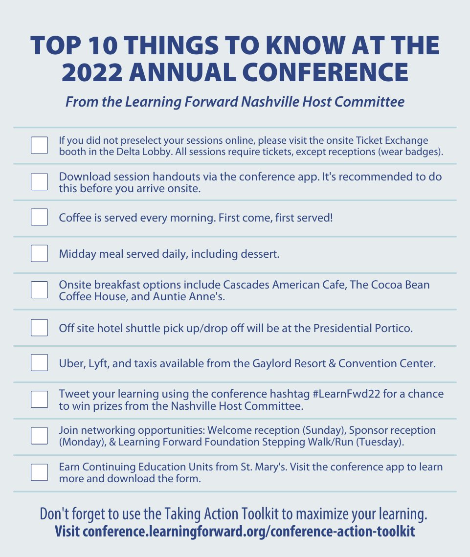 LearningForward's tweet photo. #LearnFwd22 attendees, here are the top 10 things to know (From the Nashville Host Committee). 

Maximize your learning by using the Taking Action Toolkit: https://t.co/iPotcOAumz https://t.co/qAEKrLDtmy