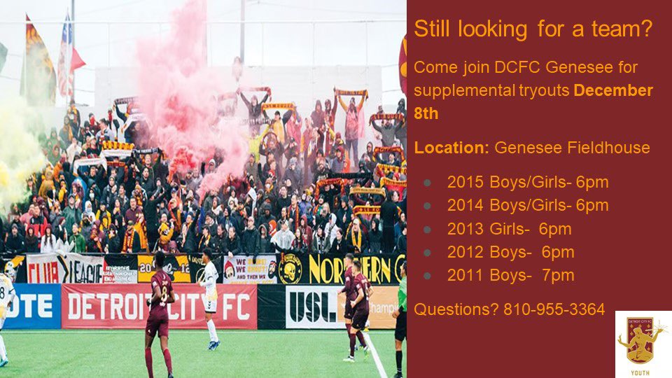 Detroit City FC Youth Genesee (@dcfcgenesee) on Twitter photo Still looking for a team? Come check us out this week! Still looking for a team? Come check us out this week!