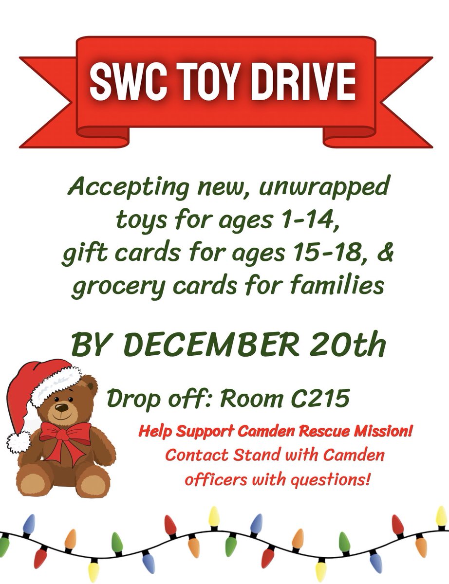 Meeting for SWC is this Weds. 12/7 during lunch! We have a speaker from the Interfaith Homeless Outreach Council coming so make every effort to be there! Don’t forget to bring in your toys for the drive — all donations benefit Camden Rescue Mission. <a href="/HaddonSchools/">Haddonfield Schools</a> <a href="/HaddonfieldHS/">HMHS</a>