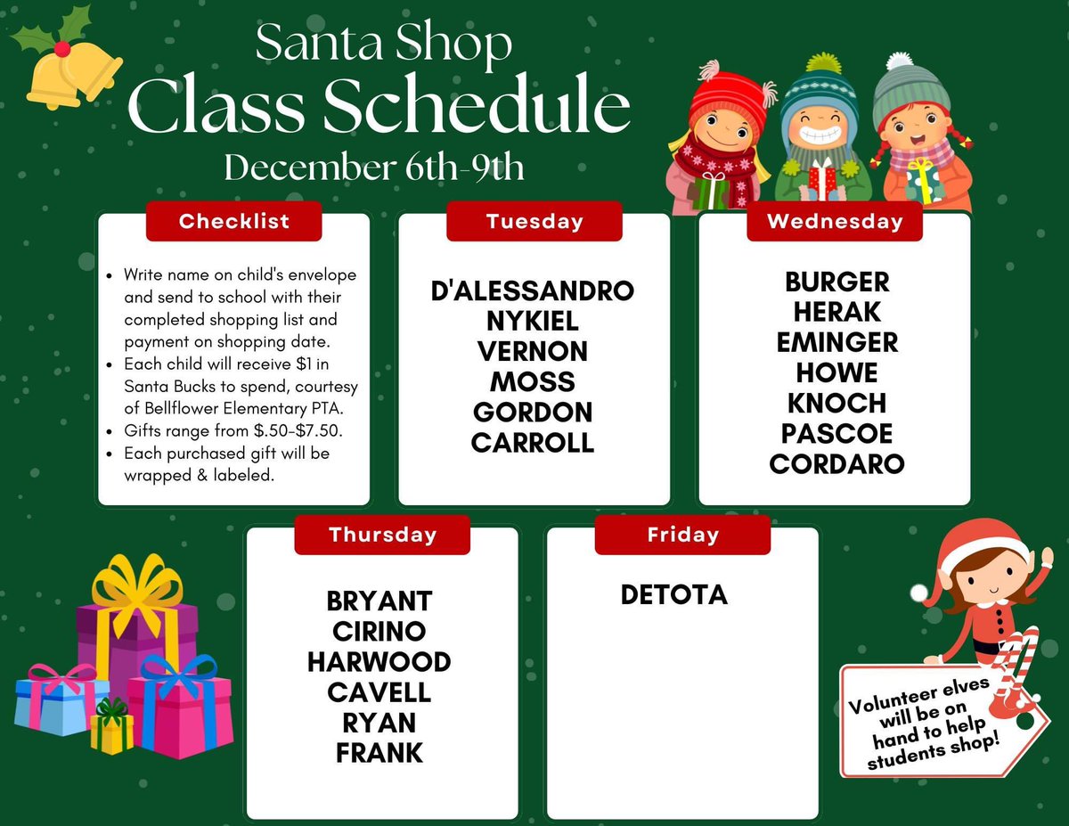 It's Santa Shop Week! 🎅 Check out the class schedule 📅 #Bellflowerway