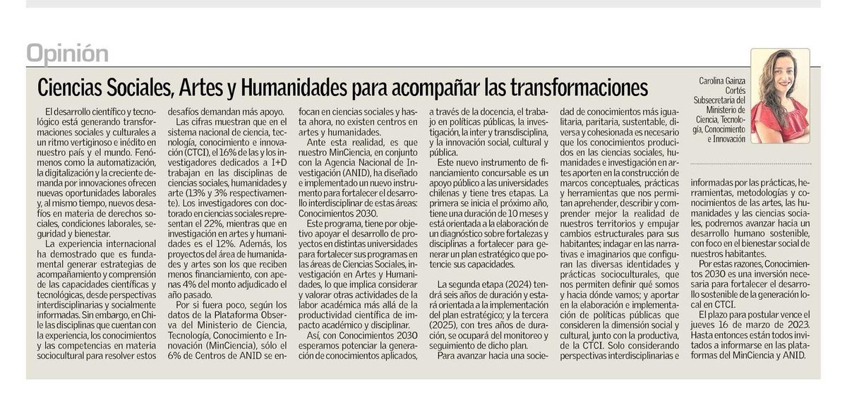 Conocimientos 2030 es el concurso con el que desde el @Min_Ciencia y la @AnidInforma apoyaremos y fortaleceremos programas en áreas de investigación en Artes, Ciencias Sociales y Humanidades de distintas universidades.

Hoy en Diario @ElSurcl 🗞️ explicamos por qué es necesario ⬇️