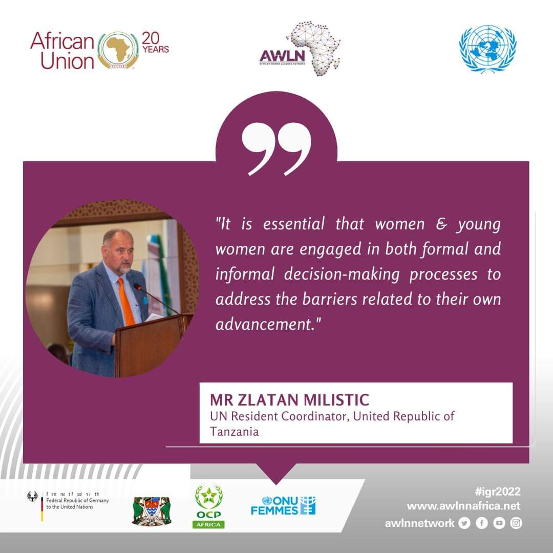 AWLNRSA1's tweet photo. In his address at #IGR2022 @ZMilisic, @UnitedNationsTZ Resident Coordinator encouraged #Africanwomen to continue to  be proactive, resilient.
#IGR2022
#Tanzania https://t.co/jLbSa0uvH8