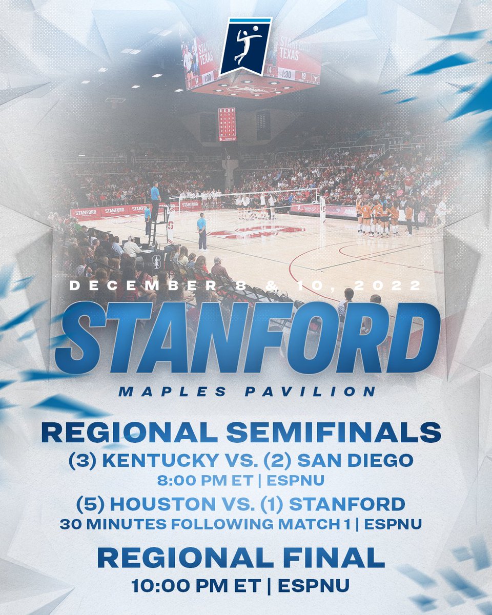📍 Stanford Regional 🏐

📅 Thursday, December 8
(3) <a href="/KentuckyVB/">Kentucky Volleyball</a> 🆚 (2) <a href="/USDVolleyball/">San Diego Volleyball</a> 
⏰ 8 PM ET
📺 ESPNU

(5) <a href="/UHCougarVB/">Houston Volleyball</a> 🆚 (1) <a href="/StanfordWVB/">Stanford Women's Volleyball</a>  
⏰ 30 minutes following
📺 ESPNU

📅 Saturday, December 10
Regional Final
⏰ 10 PM ET
📺 ESPNU

#NCAAWVB