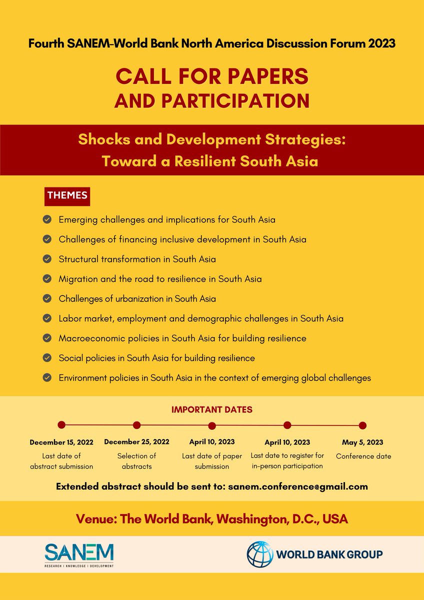 sanemnet's tweet photo. We invite papers for the “Fourth SANEM- @WorldBank North America Discussion Forum 2023" to be jointly organized by SANEM and the World Bank Group on May 5, 2023, at the World Bank premises in Washington, D.C.

Learn more: https://t.co/u75qE071KQ

@selimraihan https://t.co/gYFj60GpG9