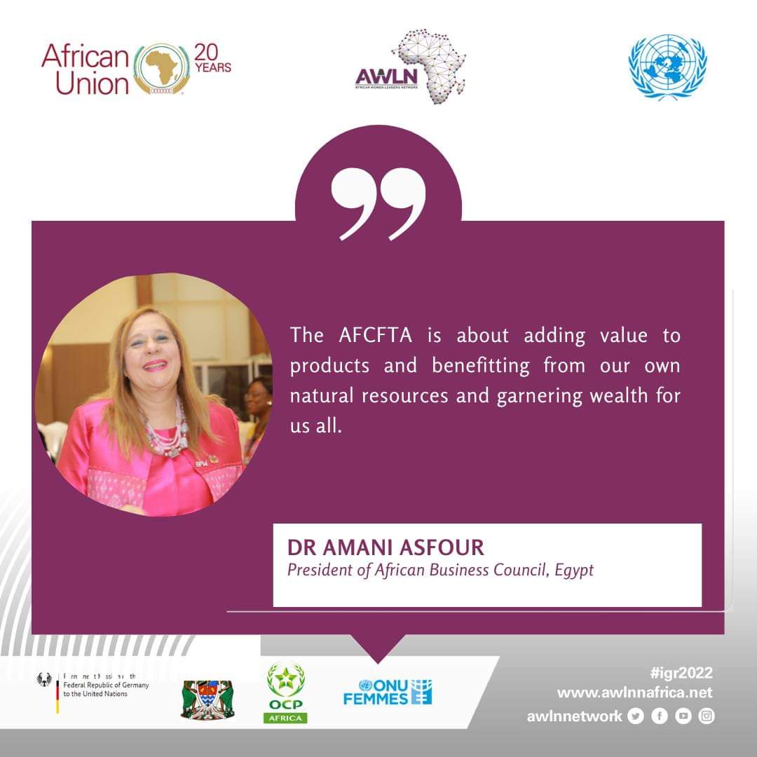 AWLNRSA1's tweet photo. Dr Amany Asfour reiterates the value of #AfCFTA  as a tool to leverage young women leaders in trade.
@DrAmanyAsfour1 @awln_YoungWomen
#IGR2022
#Zanzibar https://t.co/tPrzOabll8