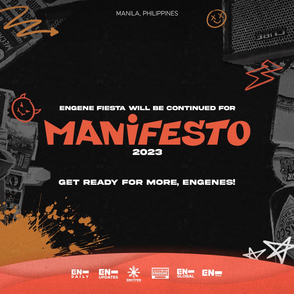 Attention, ENGENEs! It’s time to turn up the party!

Because of its astounding success, the ENGENE FIESTA continues its celebration for the most-awaited MANIFESTO 2023 in Manila 🎉😍

Get ready to DANCE, DANCE, DANCE next year! 🪩

#ENHYPEN #MANIFESTO_IN_MANILA