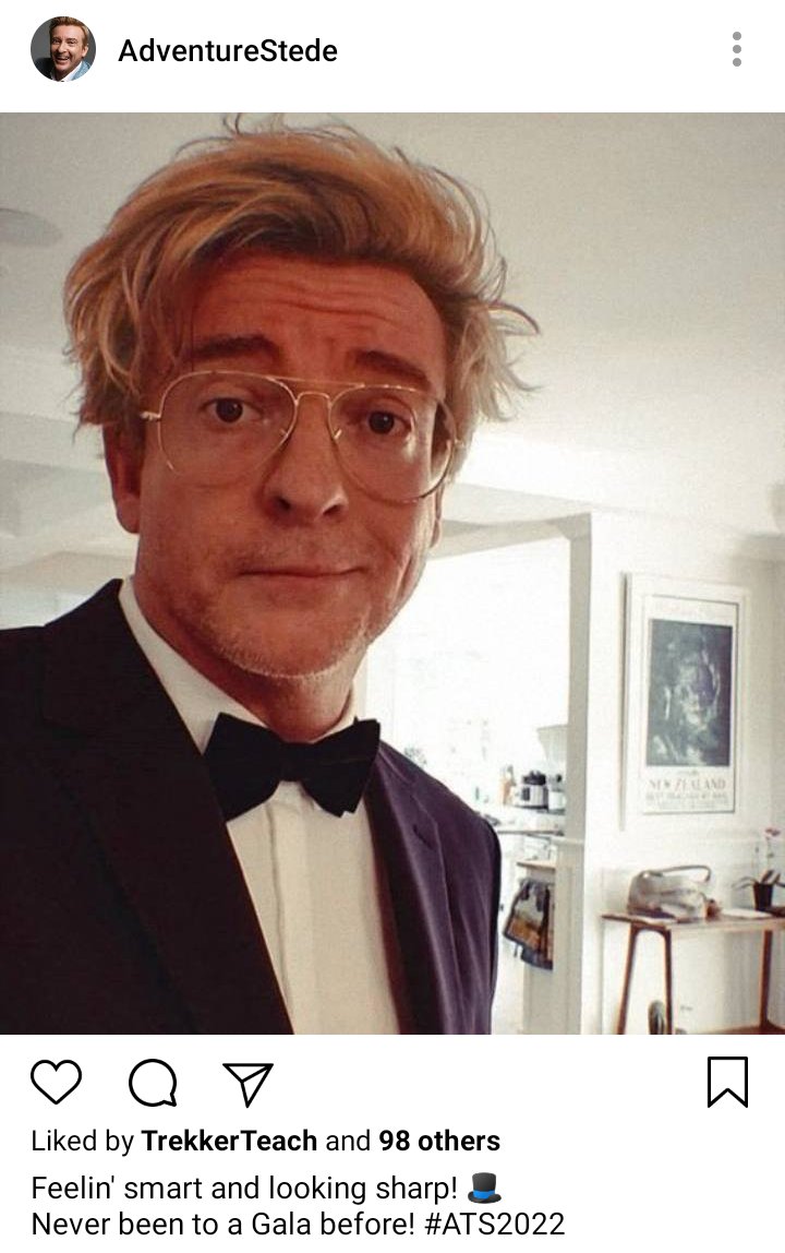 Stede's IG: Picture of Stede in a tux. Caption reads "Feelin smart and looking sharp! Never been to a Gala before!" 