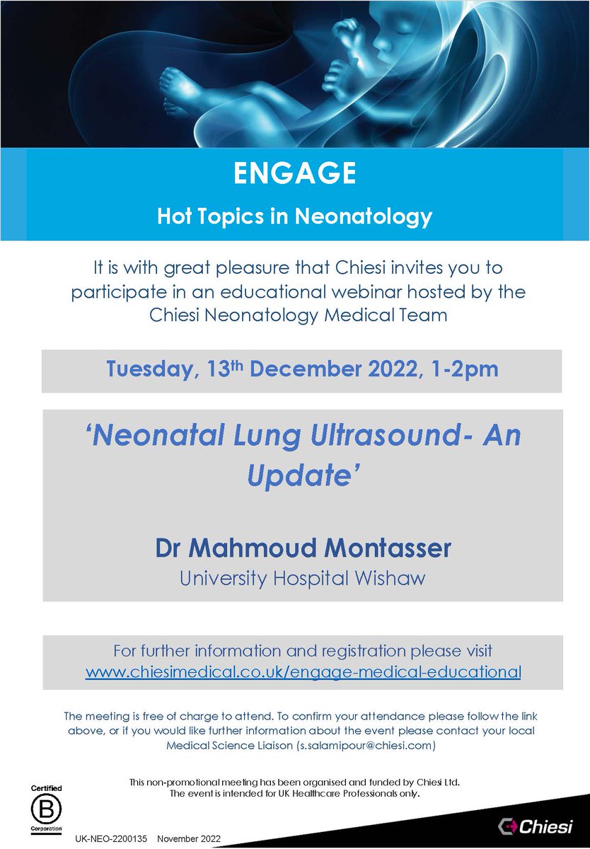 Join us on December 13th for an update on "neonatal lung ultrasound". 
Register from here:
chiesimedical.co.uk/engage-medical…

#Neonatallungultrasound #NeoPOCUS