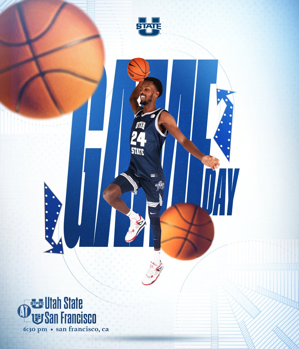 USUBasketball's tweet photo. GAMEDAY from The Bay! 

🆚 San Francisco
🕒 6:30 PM
🔊 https://t.co/G20BK2ZYpI
📺 https://t.co/s2TDF42I5R
📊 https://t.co/gKPrC4xuzl

#AggiesAllTheWay https://t.co/foVHXZKL09