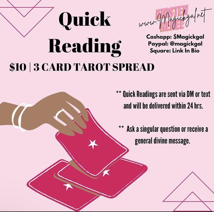 Kirsten_Renee_'s tweet image. I’m available for Quick Readings today! This is a recorded message sent via DM, Email or Text! Choose between a general Message or asking a singular question!  

DM me for more information!  #QuickReading #Tarot