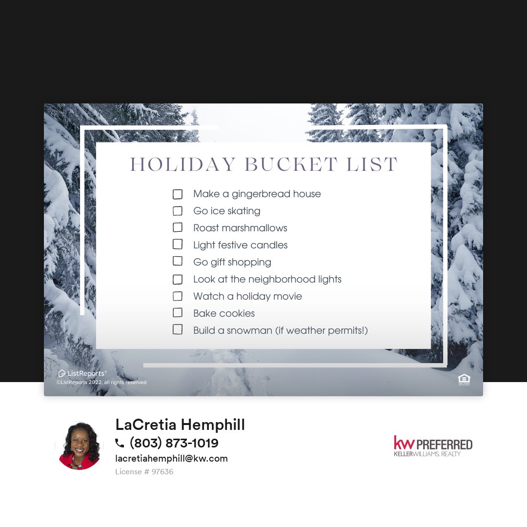 EliteRealtor803's tweet photo. ✨ Holiday Bucket List ✨

Time to get busy! December is the ultimate month of coziness, so grab your bucket list and a calendar, and plan out your festivities! And if you see a house you love during the neighborhood drive by, give me a call! 😉

#realestate #realestateagent https://t.co/a2BSLeJk2p