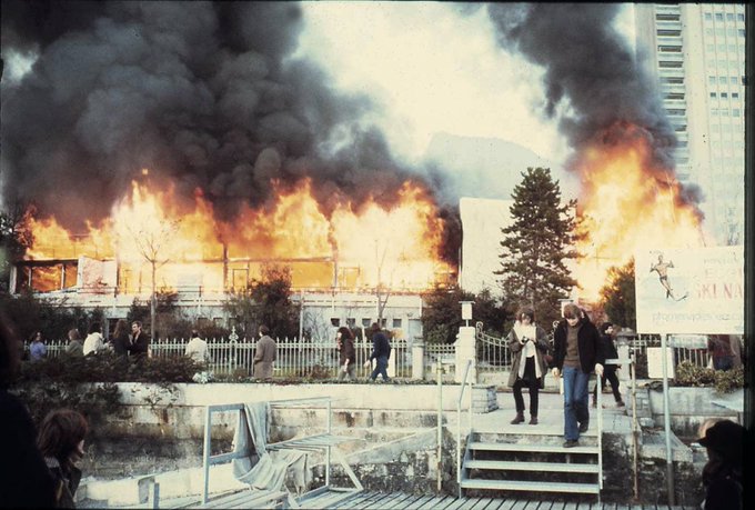 The Montreux Casino in Switzerland burnt to the ground during a Frank Zappa show. The incident is immortalized in Smoke on the Water. Deep Purple was attending the Zappa show. December 4, 1971.