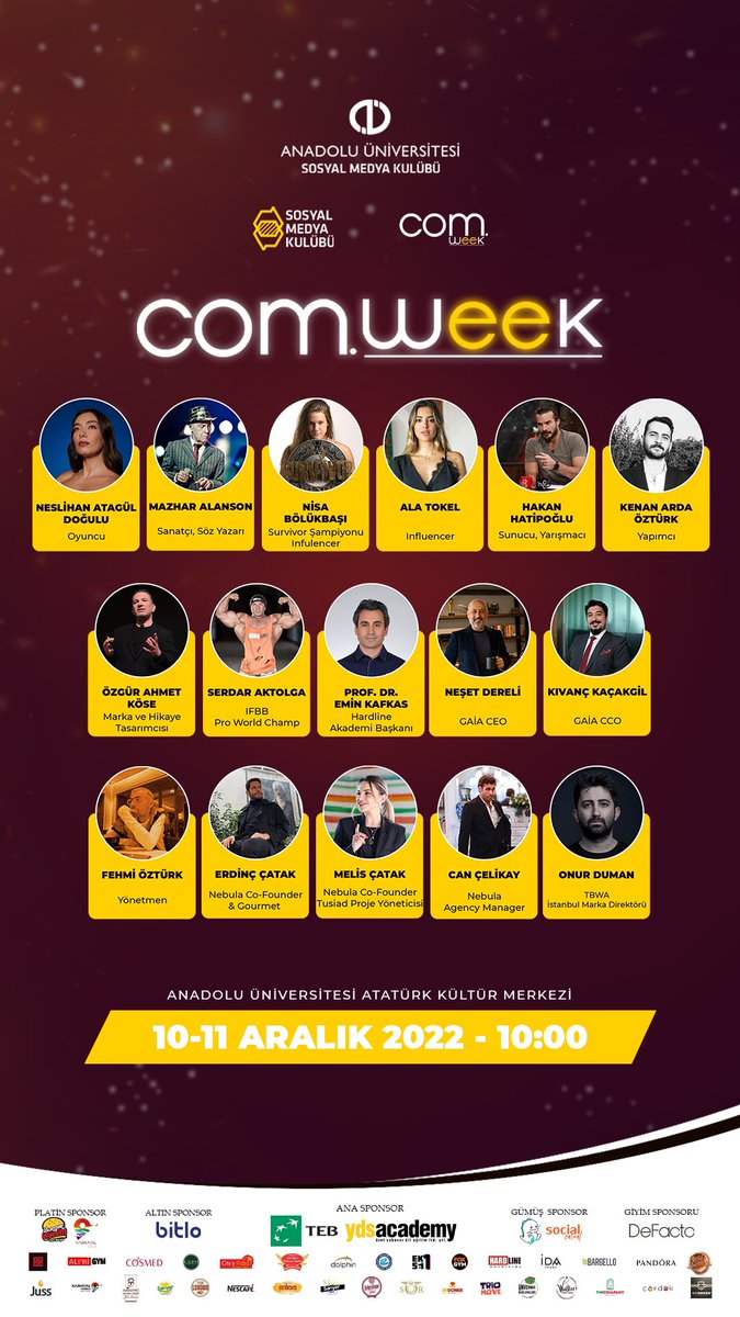 MERAKLA BEKLENEN KAMPÜSÜN EN BÜYÜK ETKİNLİĞİ COM WEEK GERİ GELDİ 😎
Com Week’7, 10-11 Aralık’ta birbirinden değerli konuklarıyla, Atatürk Kültür Merkezi’nde sizlerle. #Akıldakal 🕶 
<a href="/BolukbasiNisa/">Nisa Bölükbasi</a> 
<a href="/HakanHatipoglu/">Hakan Hatipoğlu</a>