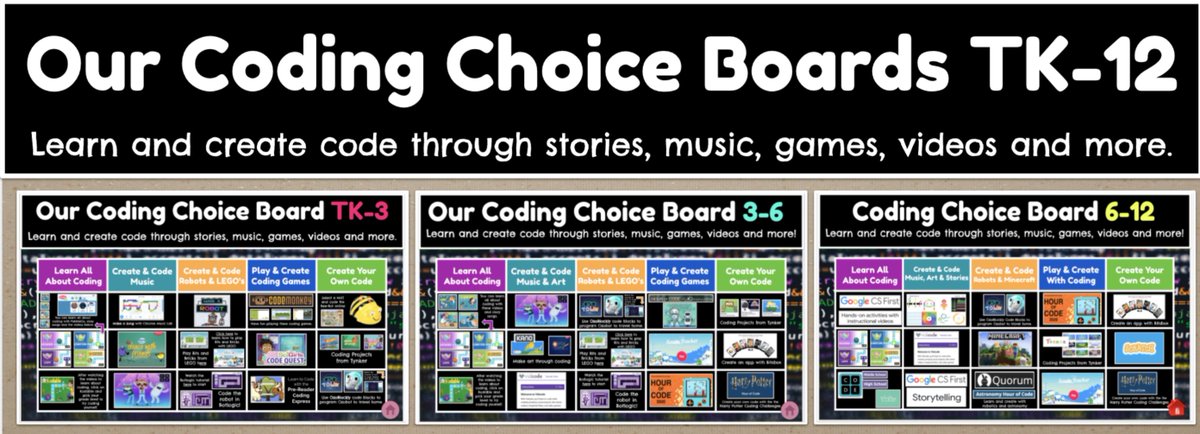 It's <a href="/CSEdWeek/">CSEdWeek</a> and #HourofCode Week! 

It's such a great week to celebrate coding &amp; #computerscience 🤖

Here are 3 Coding Choice Boards &amp; lots of resources for all PreK-12th grade students &amp; teachers. 🎉

buff.ly/3B7QcMP

#coding #futurereadylibs #edtech #ISTElib #edchat