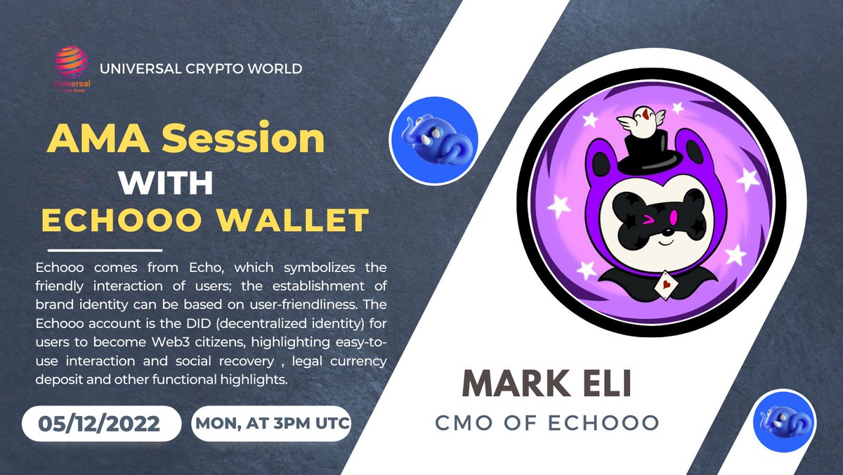 Universal Crypto World (@unicrypto_world) on Twitter photo 💠Text AMA Session With Echooo...
🎁Prize: 10 NFTs
📆Date: December 05, 2022.
At 3:00 PM UTC..
🏨 Venue: t.me/Universalcrypt…
〽️ Rules:
1️⃣. Follow
<a href="/UniCrypto_World/">Universal Crypto World</a>
&
<a href="/echooo_wallet/">ECHOOO- Self Custodial AA Crypto Wallet</a>
2️⃣. Like , Retweet , Comment Your Questions and Tag 3 friends. 💠Text AMA Session With Echooo...
🎁Prize: 10 NFTs
📆Date: December 05, 2022.
At 3:00 PM UTC..
🏨 Venue: t.me/Universalcrypt…
〽️ Rules:
1️⃣. Follow
<a href="/UniCrypto_World/">Universal Crypto World</a>
&
<a href="/echooo_wallet/">ECHOOO- Self Custodial AA Crypto Wallet</a>
2️⃣. Like , Retweet , Comment Your Questions and Tag 3 friends.