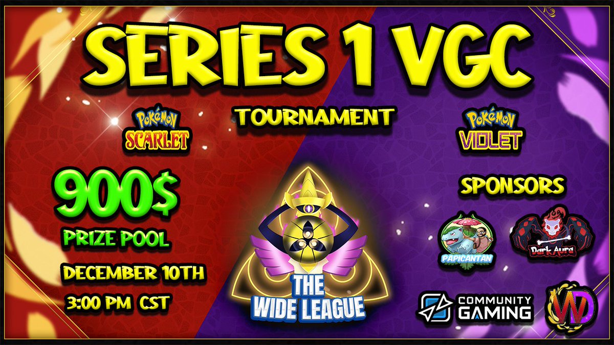 The Wide League Scarlet &amp; Violet Late Night VGC Tourney!

📅 December 10th
⏰ 3pm CST
⚔️ Series 1
🎟️ Free Signups!
 🪙  $900 in prizes ($1100 if we hit 200 registrations!)
📝Closed team list
✅ Rental Teams are ok!

- Registration Below 🔗⬇️

#PokemonScarlet #PokemonViolet