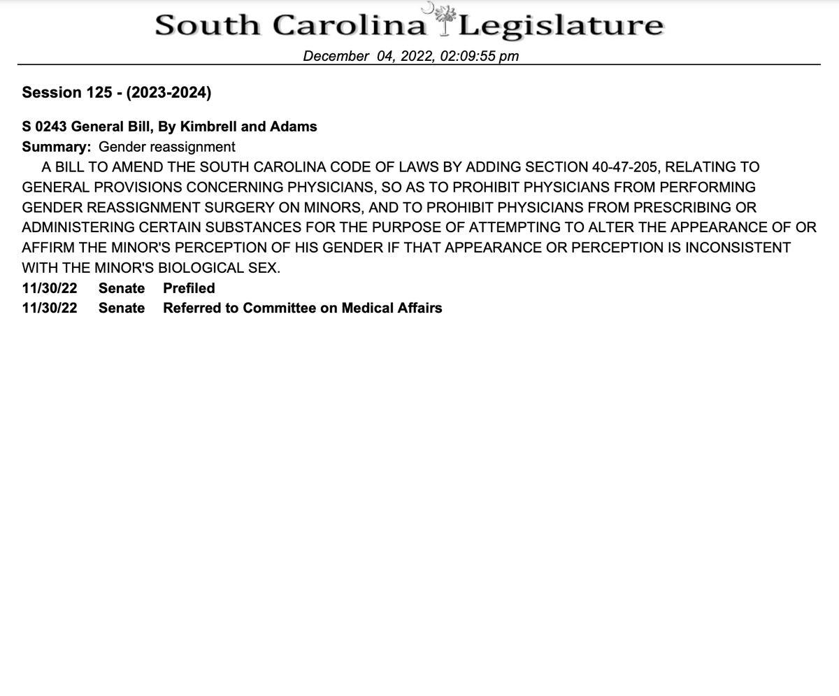 ErinInTheMorn's tweet photo. A bill has been prefiled in South Carolina, S243, which will medically detransition all trans youth in the state. Full legislation language is pending, but those in South Carolina must organize now to prepare for the fight for trans youth. https://t.co/M46w25Yfit