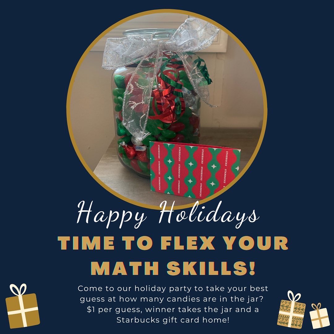 Time to flex your math skills!✨

Come to our holiday party to take your best guess at how many candies are in the jar?
$1 per guess, winner takes the jar and a Starbucks gift card home!

Be sure to bring some cash to participate!

#CGSA #cmnuo #uottawa #holidays