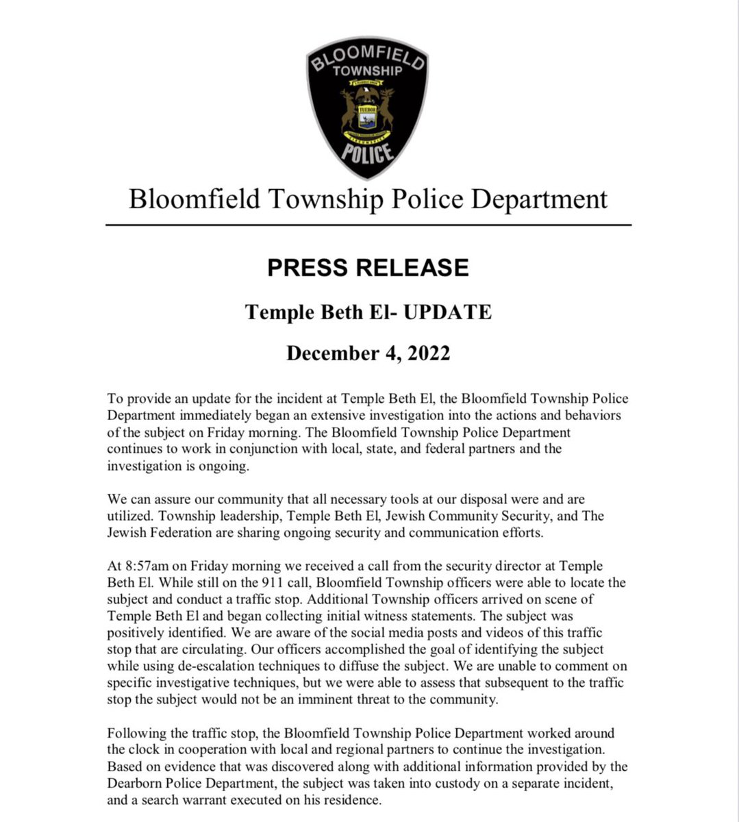 Bloomfield Twp Police on Twitter "Temple Beth El Press Release UPDATE"
