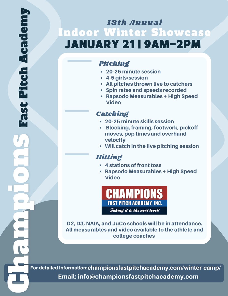 Our 13th Annual Indoor Winter Showcase is right around the corner! This event has been completely full the last 2 years, so do not wait to register! 

To Register: championsfastpitchacademy.com/winter-camp/