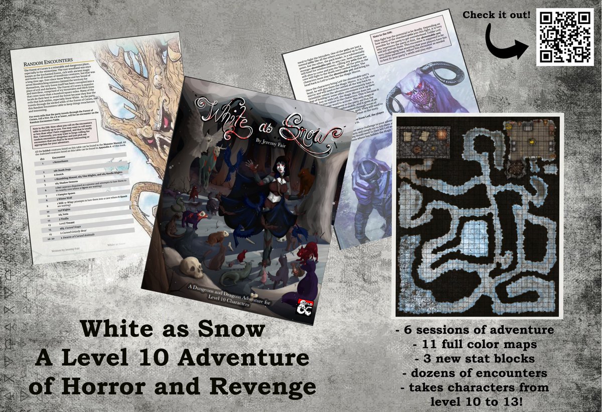 Need a chilling new module to run this winter? Check out White As Snow- A horrific adventure for Level 10 Characters!  dmsguild.com/product/381936… 

 <a href="/dms_guild/">Dungeon Masters Guild</a> #DnD #ttrpg #horror #SnowWhite #fairytale