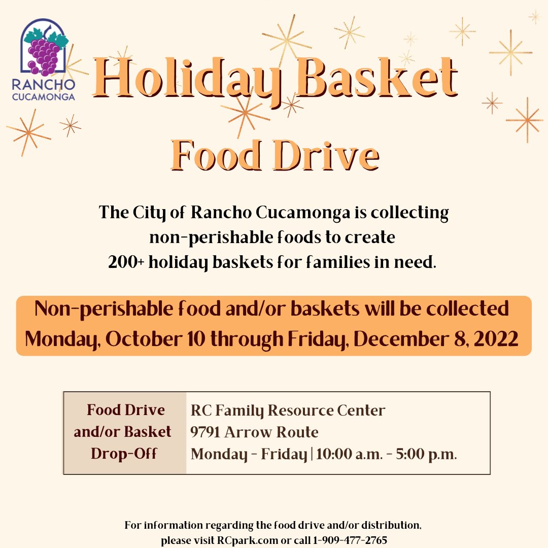CityOfRC's tweet photo. The City of RC is collecting non-perishable foods and/or complete baskets for RC families in need this holiday season

Donations can be dropped off Mon through Fri from 10:00 a.m. to 5:00 p.m. at the RC Family Resource Center. The last day to drop off donations is Dec 8.  🍞❤️ https://t.co/XDpxounZ10