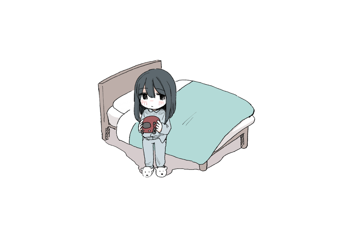 1girl solo black hair pajamas slippers bed white background  illustration images