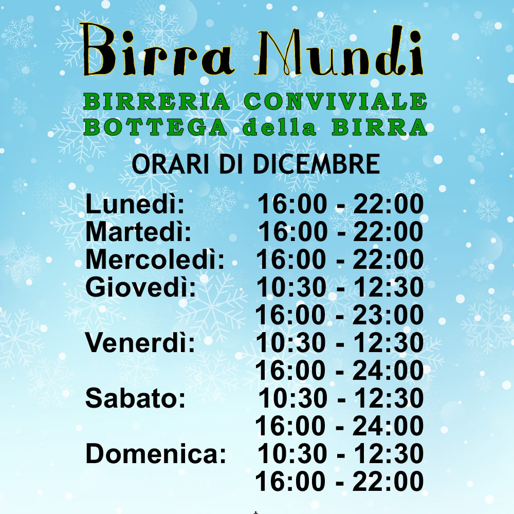 gigibonisoli's tweet photo. Da domani nuovi orari per questo periodo di feste. Birra Mundi Social Pub aperto tutti i giorni! Boom. 
#dicembre #nuoviorari #birra #birreria #conviviale #feste #regali #amici  #pub https://t.co/RY44GwdbKN