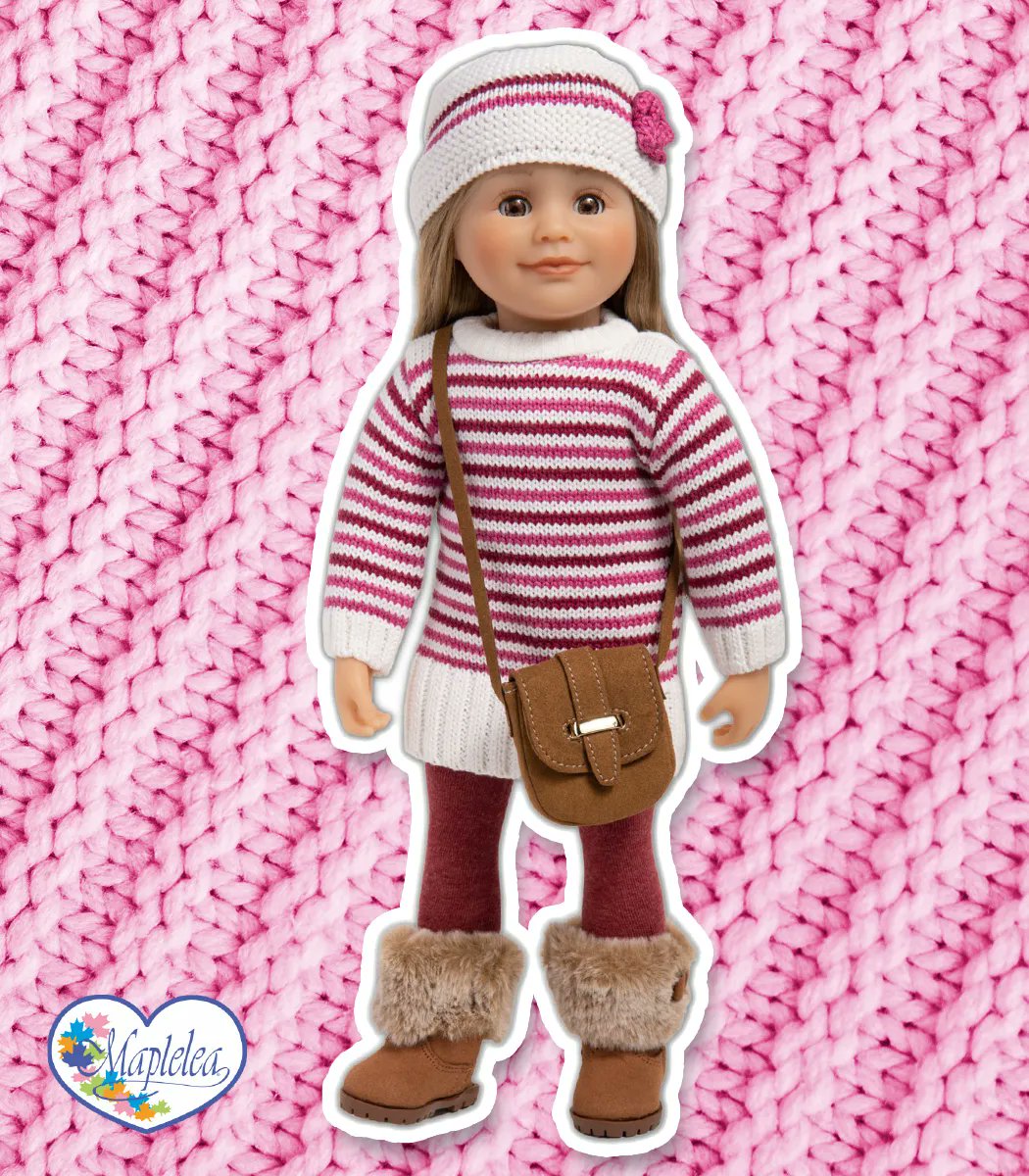 Leonie's staying cozy and rocking her knitwear this winter! ❄️ The Knit Two, Purl Two Sweater Dress Set comes with a cozy striped sweater dress, two knit hats, tights, and journal pages. 

Plus, you can match with your Maplelea girl doll! Shop the set: maplelea.com/products/kl14.