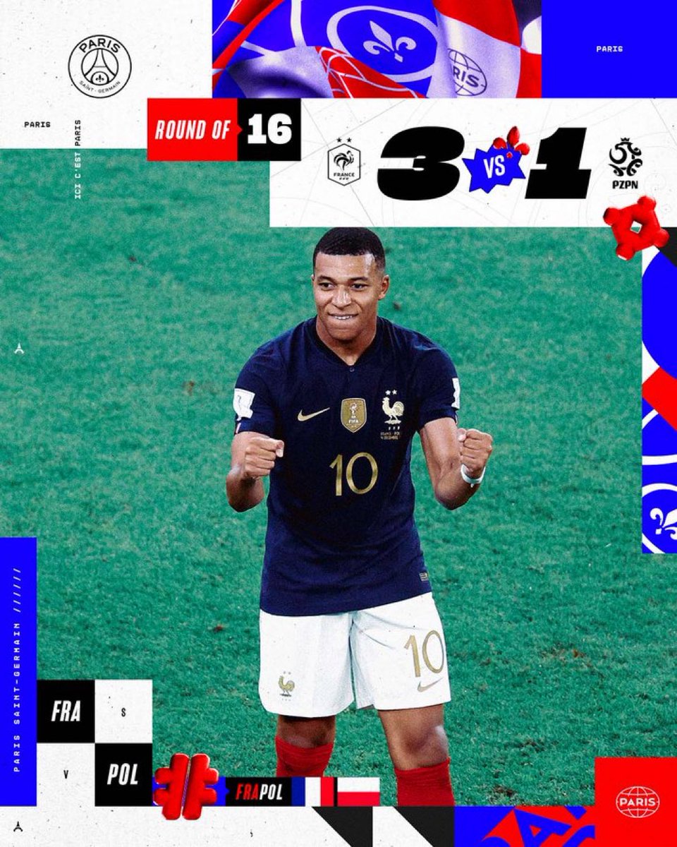 ⌛️🇫🇷3⃣🆚1⃣🇵🇱 - #FRAPOL

Victory and qualification for <a href="/equipedefrance/">Equipe de France ⭐⭐</a>, they progress to the quarter-final!  

2⃣ goals and 1⃣ assist for <a href="/KMbappe/">Kylian Mbappé</a> ⚽️👟

🏆 #𝗙𝗿𝗼𝗺𝗣𝗮𝗿𝗶𝘀𝗧𝗼𝗤𝗮𝘁𝗮𝗿