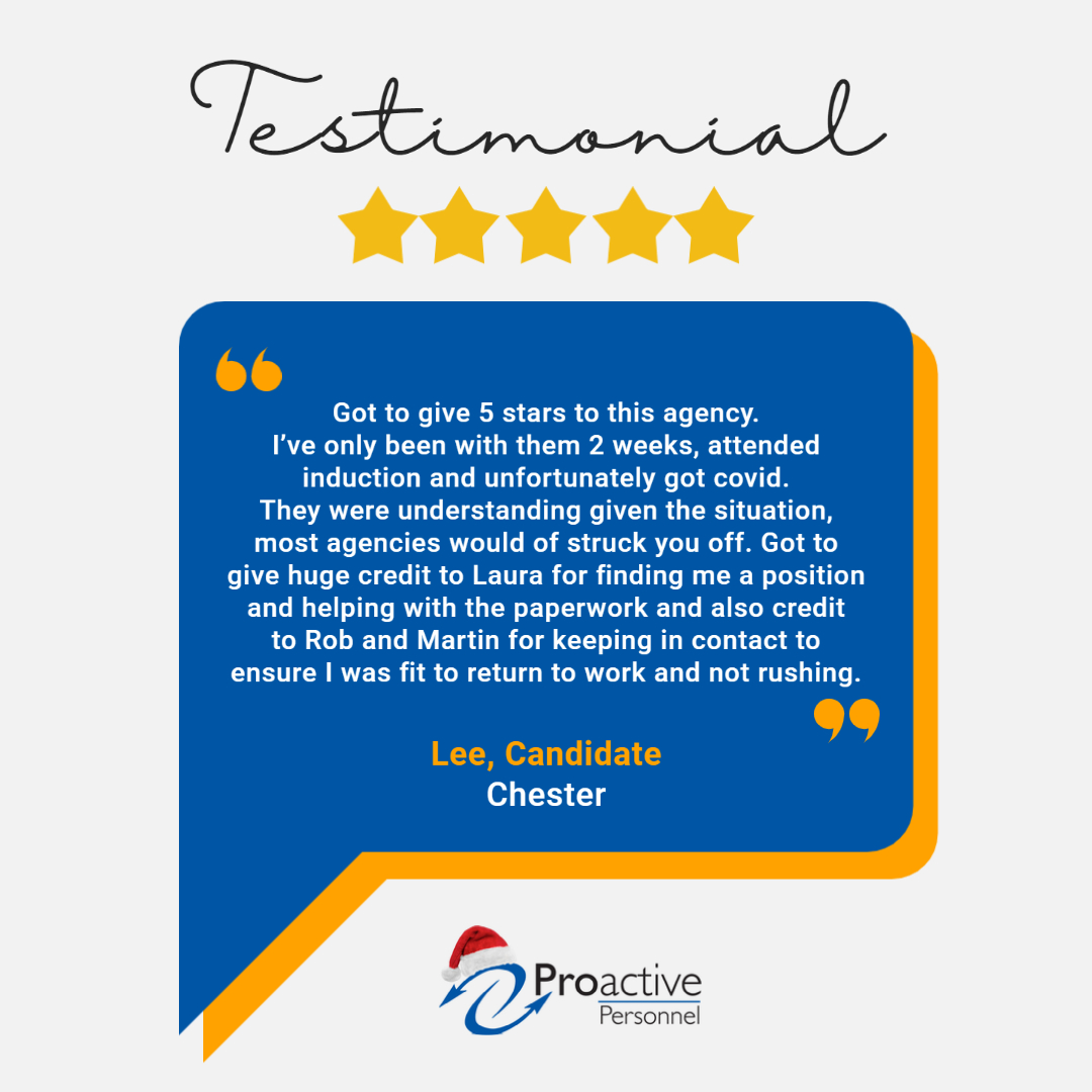 ProactiveAgency's tweet image. Thank you, Lee for a great review for our Chester Industrial team! 🤩

Are you looking for help, like Lee? Start the journey to a new career today 👉 proactivepersonnel.net/jobs/
