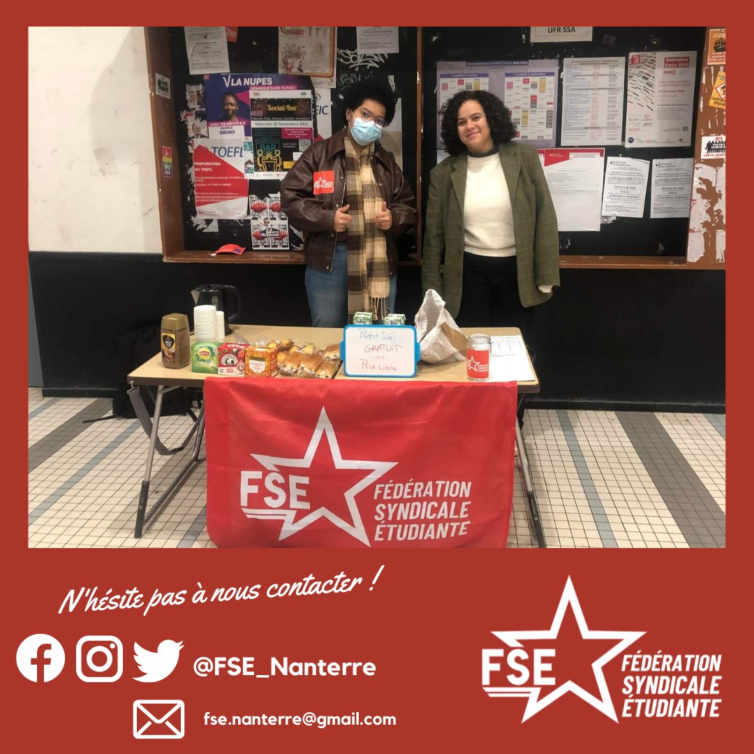 FSE_Nanterre's tweet photo. 🔴 Cette semaine nous étions présents sur la fac pour recueillir les problèmes des étudiant-e-s mais aussi organiser un petit déjeuner solidaire ! 

➡️ Si tu as des soucis à la fac ou souhaites nous aider dans nos activités n'hésite pas à nous contacter ✊ https://t.co/3ciMS9CmfP