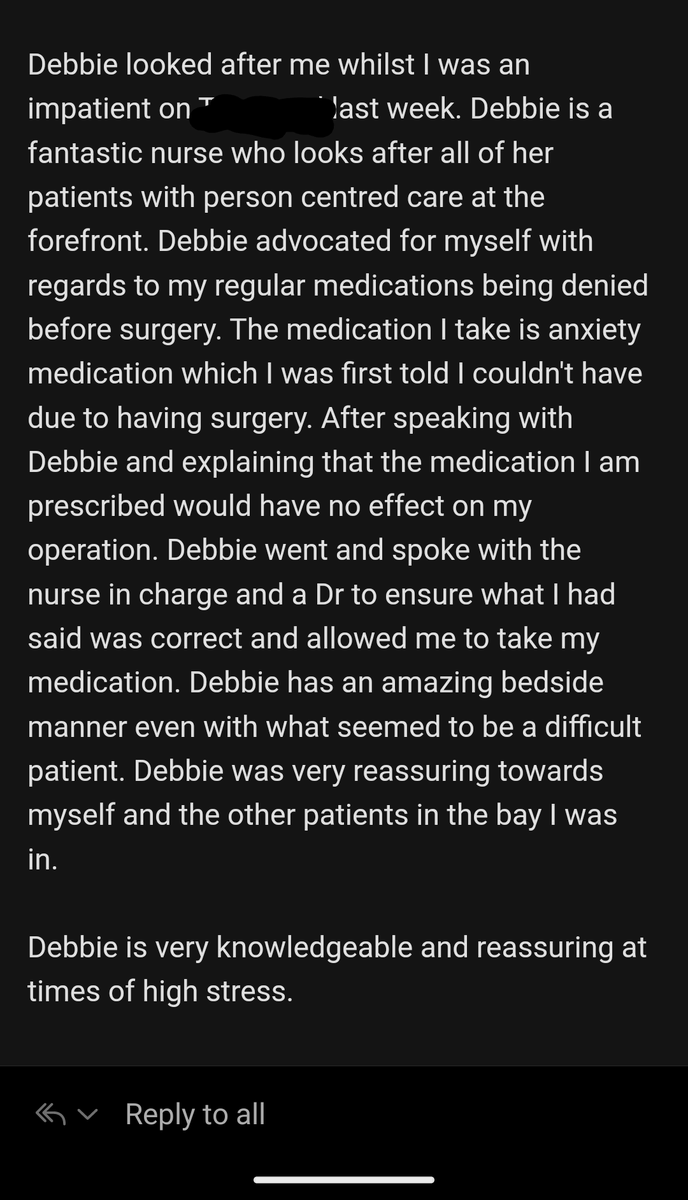 BickelDebbie's tweet image. Had this feedback emailed to me from a patient last week ☺️☺️ so chuffed #PUNC14 #PUNC20