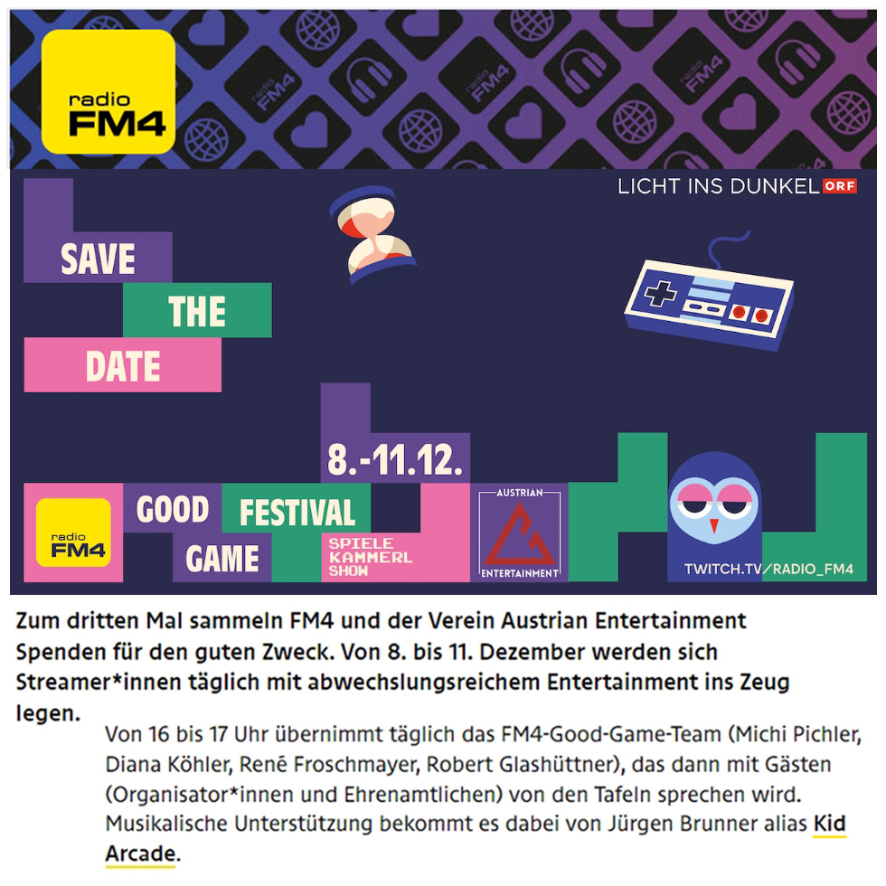 IlikescifiGames's tweet photo. "Zum dritten Mal sammeln FM4 und der Verein Austrian Entertainment Spenden für den guten Zweck." 

Freue mich schon! Seid live dabei und spendet gerne mit! Vielen Dank! ❤️ Mehr Infos folgen noch.

#lichtinsdunkel #fm4 #kidarcade #austrianentertainment
@glashuettner @radiofm4 https://t.co/l8Fwo6ooJS