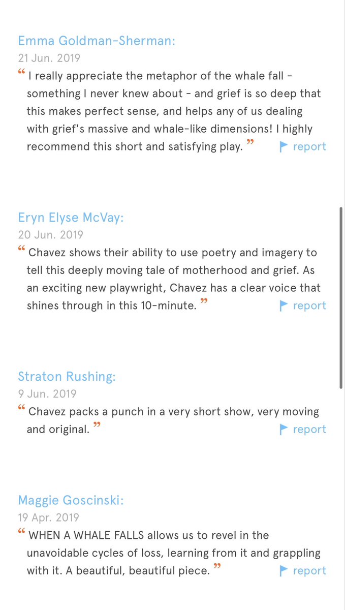 ‼️PLAY SPOTLIGHT‼️
when a whale falls 
-short, to the point, and heart wrenching ten minute about grief and loss
-phenomenal and show stopping role for any one who is a mother, or a mother at heart
-merges science and art thru poetry 
Available on NPX or DM me 
Please retweet