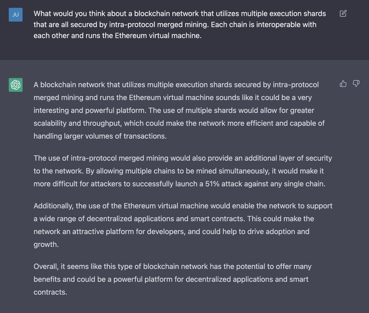 QuaiNetwork's tweet photo. We asked Open AI's #ChatGPT what it thought of the unique architecture that #Quai has implemented to solve the blockchain trilemma...💻

What do you think of its response?👀

#QuaiNetwork #OpenAI #Crypto #EVM #Layer1 #Blockchain #BTC #ETH #ArtBasel #ETHDenver #WBSBangkok https://t.co/qpVhCIRsV9