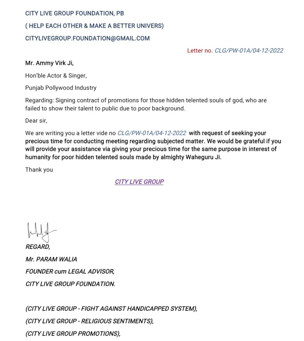 waliafoundation's tweet photo. @AmmyVirk ji we would be grateful if you will read and consider this letter pl. 
Regards: @citylivegroup @CLG_religious @paramwaliaa https://t.co/r06bv3aaiZ