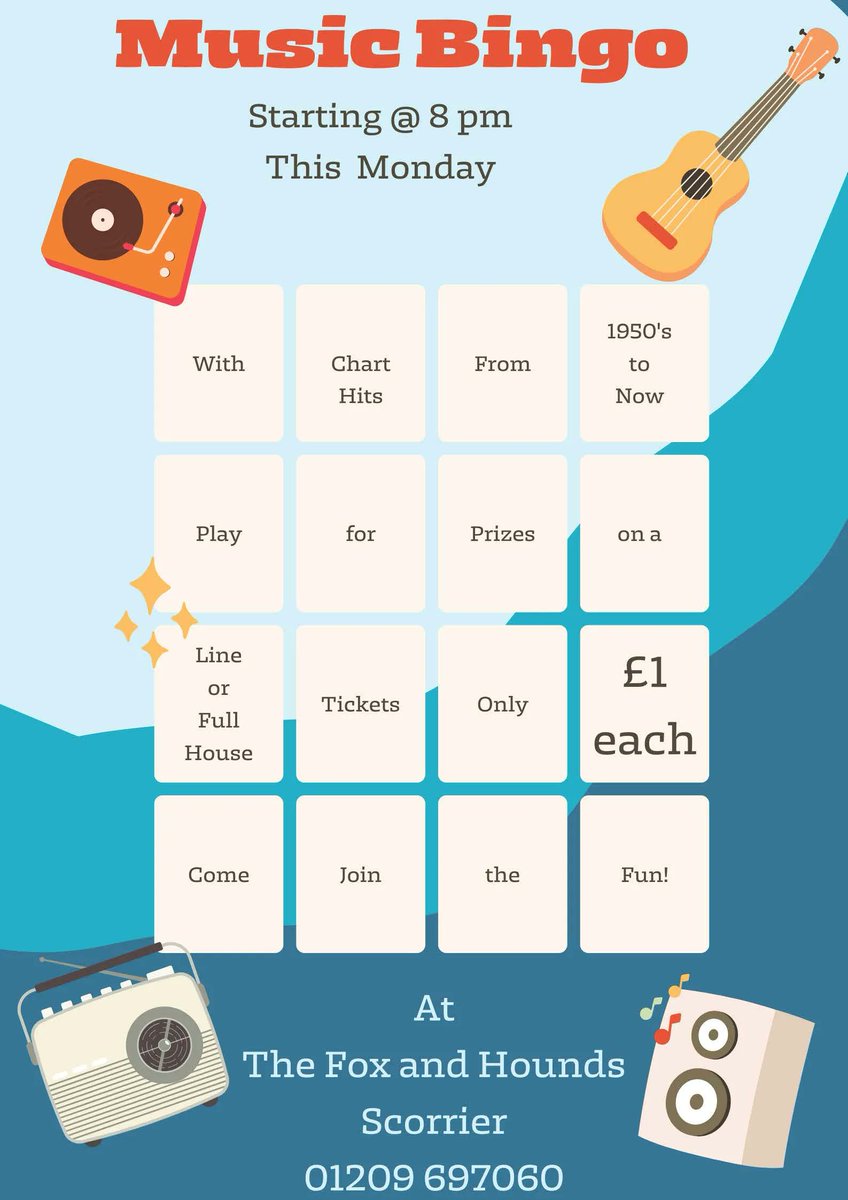 ForeQuizzes's tweet photo. Don't forget the fun Beats Bingo this Monday  at the Fox and Hounds Scorrier starting at 8 pm. Tickets are just £1 each and you are playing for a line and a full-house.
Beats Bingo, is bingo, but with music.
This week it is floor fillers.
#musicbingo #bingo #music https://t.co/JigaWyu9xB