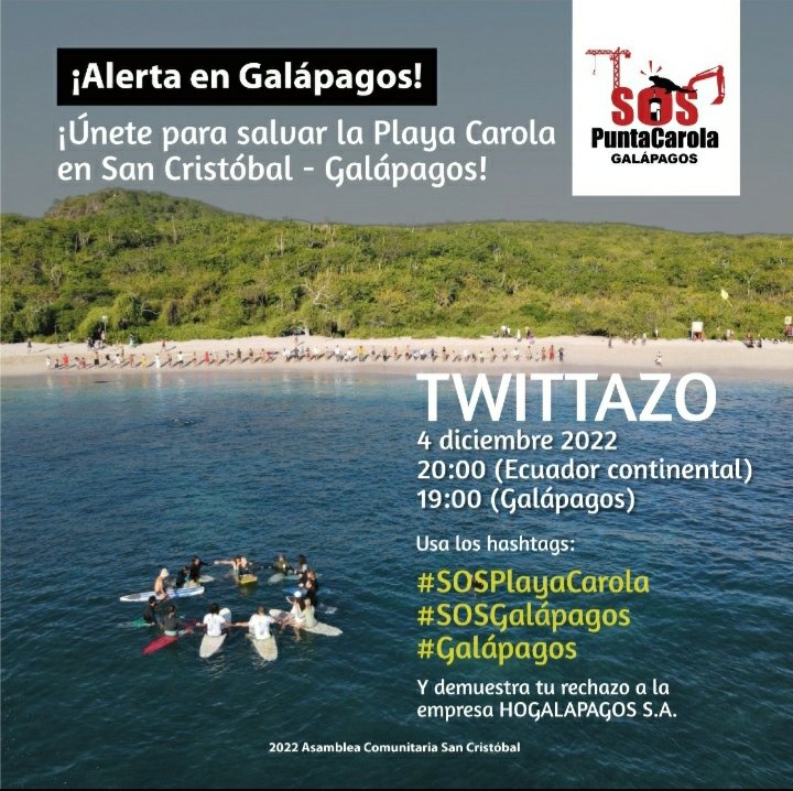 🚨ALERTA GALÁPAGOS🚨
🐢En defensa de 🇪🇨 Galápagos 
🗓 HOY Domingo 4-Nov-2022
🕗 20H00 hora de 🇪🇨 #Ecuador continental 
A esa hora publica mensajes en Twitter añadiendo #SOSPlayaCarola #SOSGalápagos #Galápagos