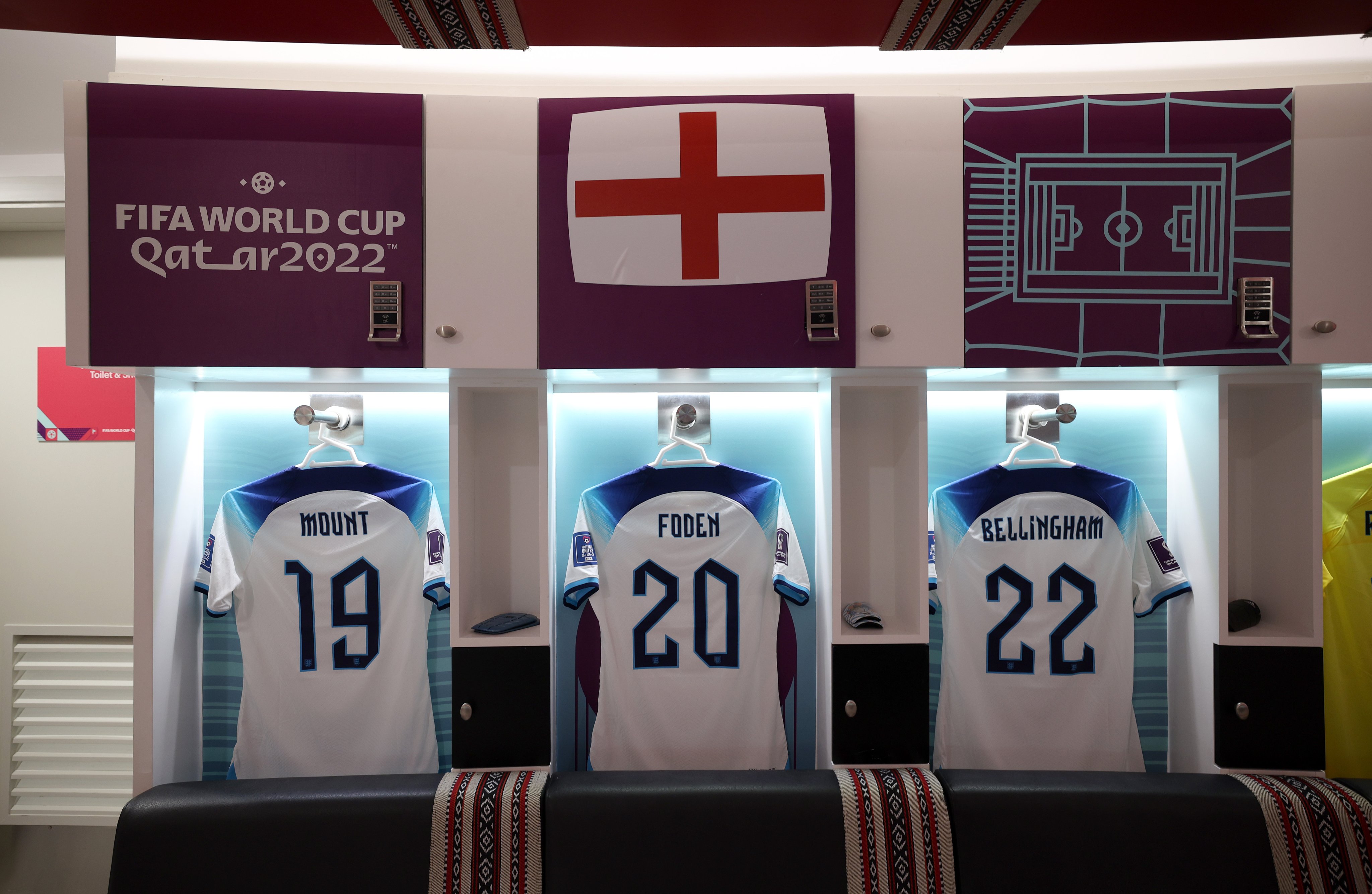 Numbers 19, 20 and 22 inside the England dressing room.