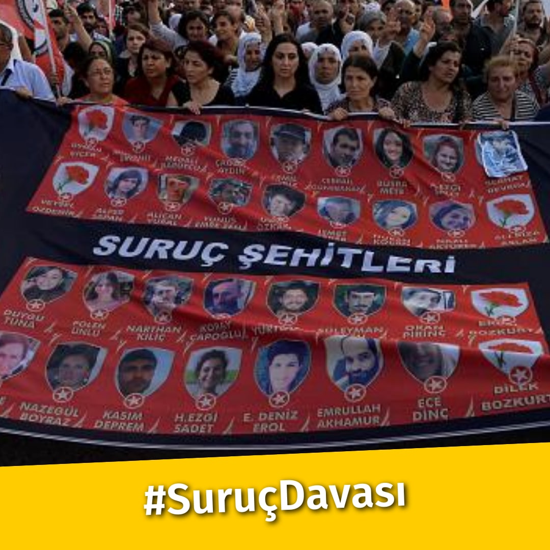 10 Ekim Ankara Katliamı ve 5 Haziran Amed katliamında olduğu Suruç katliamı davasında da onlarca hukuksuzluk, cevaplanması gereken onlarca soru işareti var. Katliam dosyalarındaki bu hukuksuzluklar sona erene kadar adalet mücadelemizden vazgeçmeyeceğiz. 
#SuruçDavası