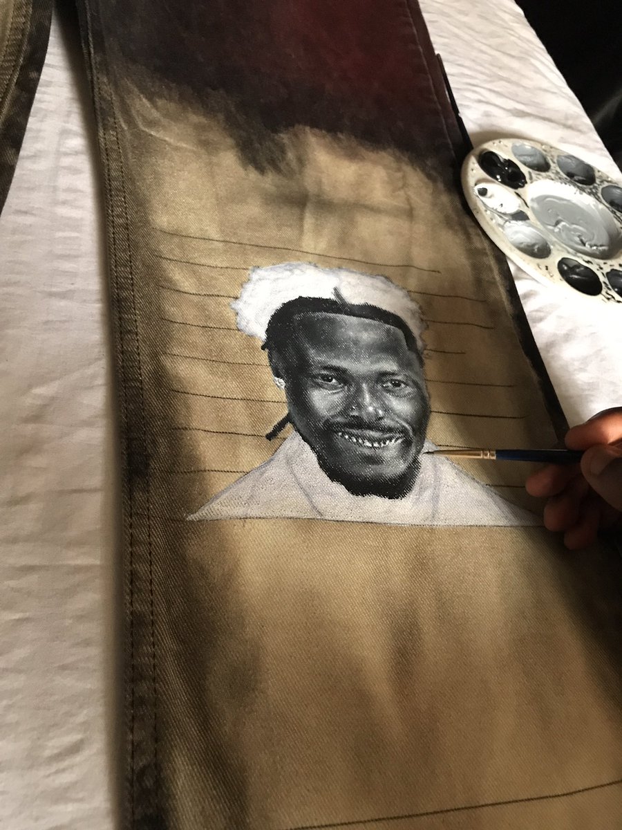 sheriffeyisitan's tweet image. Been listening to an awful lot of Asake lately, so I hand painted these “half bleached” @asakemusik themed pants🎨…kindly RT if this pops up on your TL, and tag @asakemusik 🍀💚