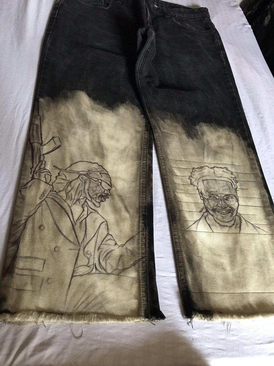sheriffeyisitan's tweet image. Been listening to an awful lot of Asake lately, so I hand painted these “half bleached” @asakemusik themed pants🎨…kindly RT if this pops up on your TL, and tag @asakemusik 🍀💚