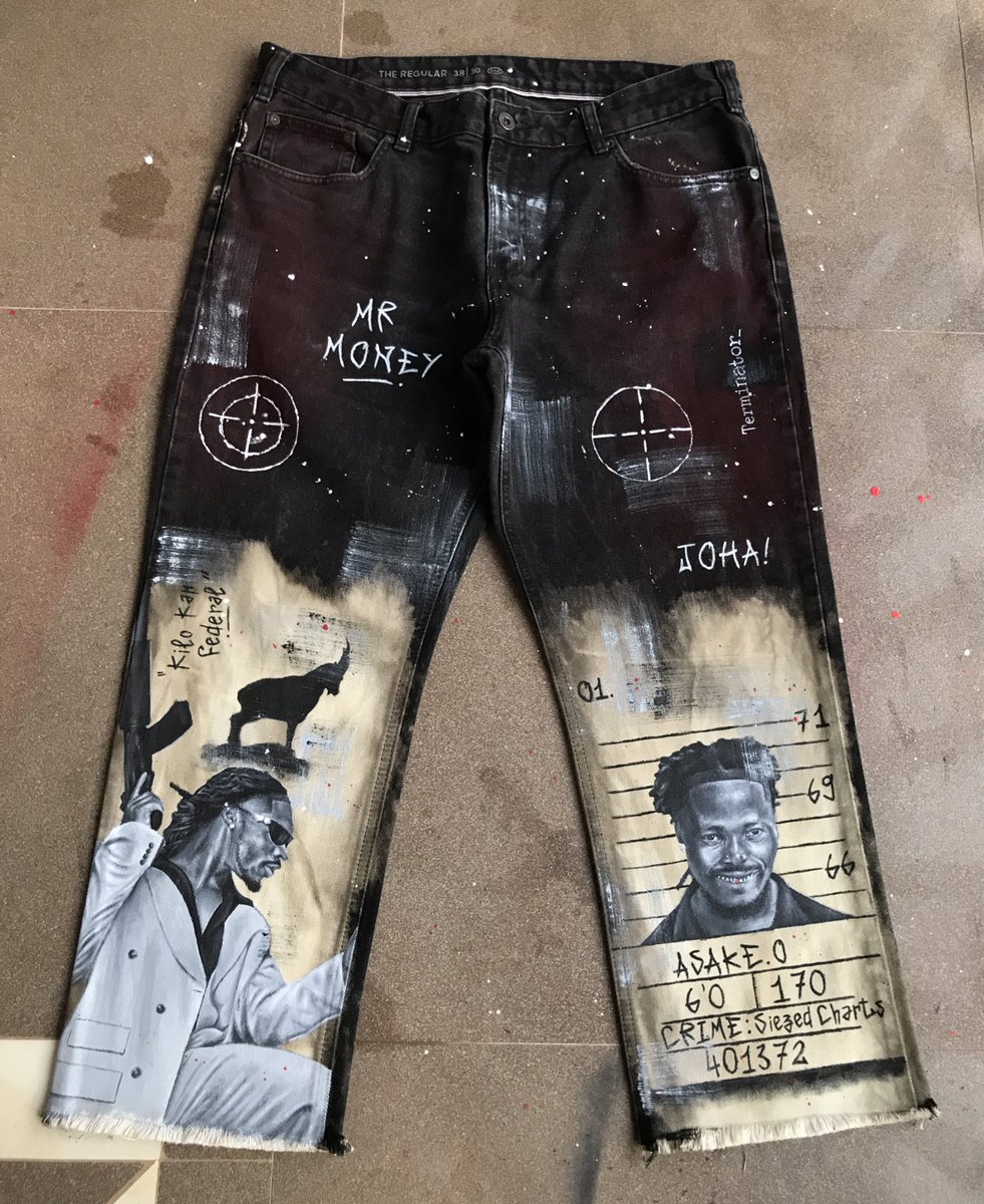 sheriffeyisitan's tweet image. Been listening to an awful lot of Asake lately, so I hand painted these “half bleached” @asakemusik themed pants🎨…kindly RT if this pops up on your TL, and tag @asakemusik 🍀💚
