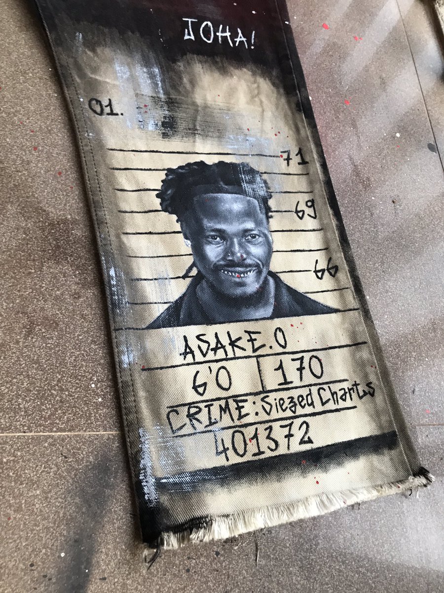 sheriffeyisitan's tweet image. Been listening to an awful lot of Asake lately, so I hand painted these “half bleached” @asakemusik themed pants🎨…kindly RT if this pops up on your TL, and tag @asakemusik 🍀💚